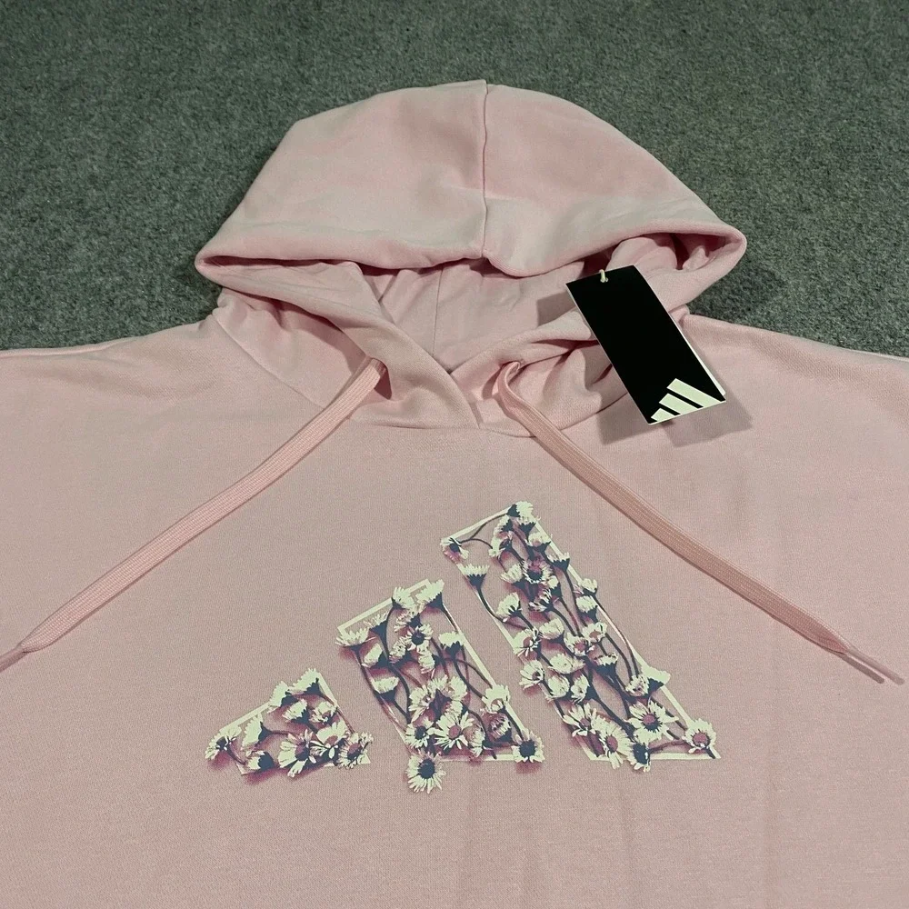 Adidas Trefoil Floral Logo Hoodie Womens XL Clear Pink Flowers Pullover Fleece